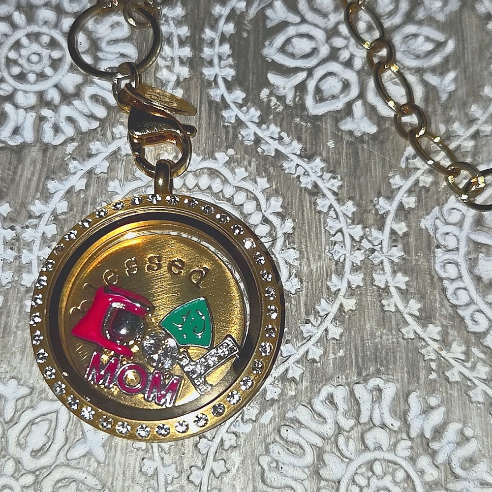 Origami Owl Flat Oval Link Necklace w/ Rhinestone Locket and Charms